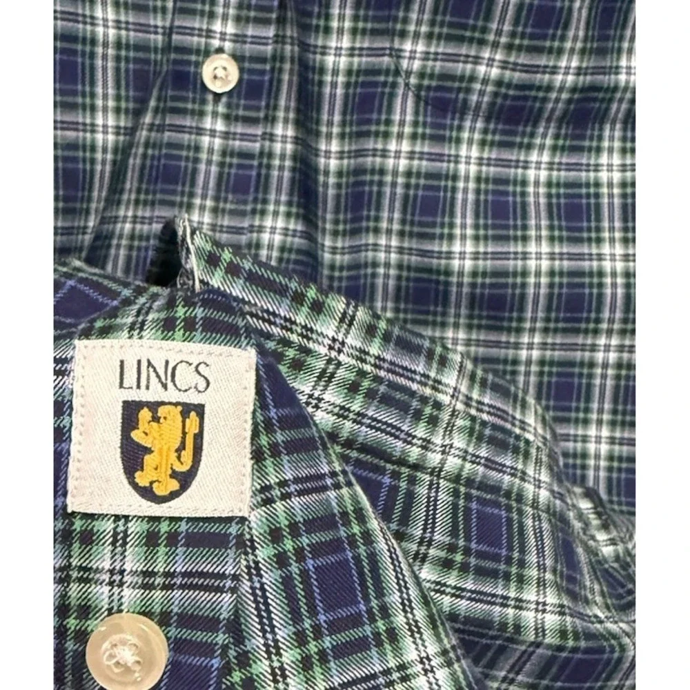 Lincs DC & Co Men's XL 100% Cotton Plaid Shirt Blue Button Up Work Formal